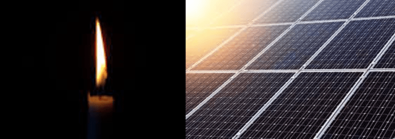 Candle flame lighting darkness (left) and solar panel array (right).